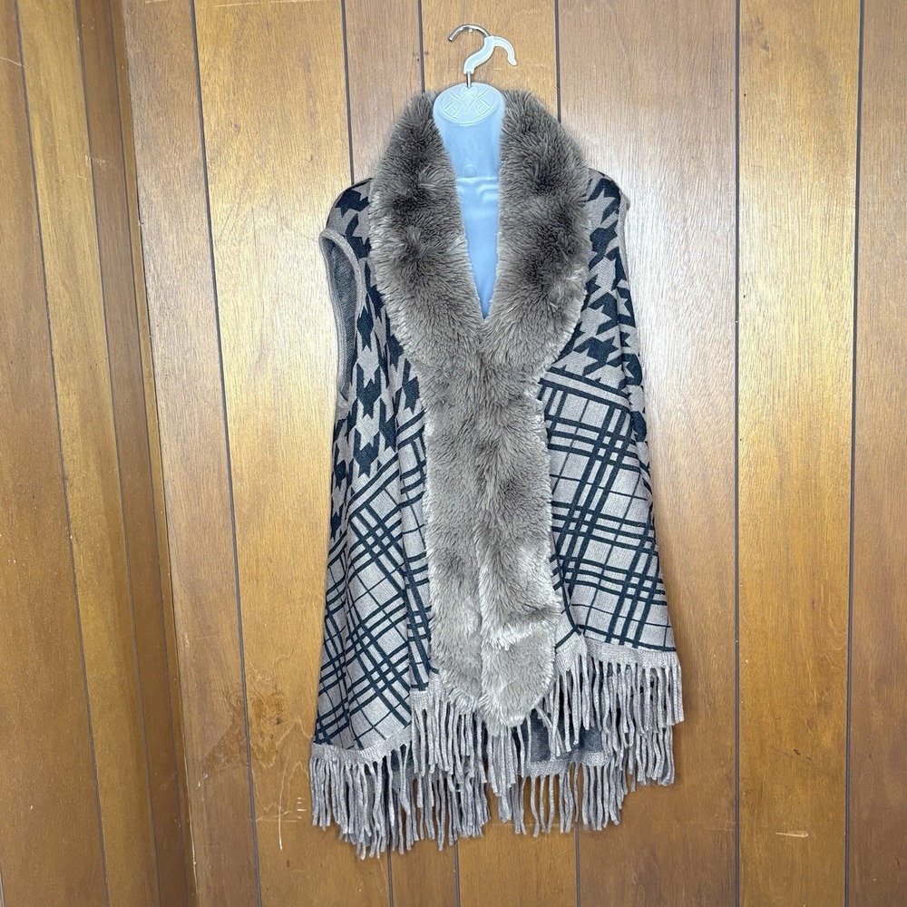 Northern Angel Vest Women S/M Tan Faux Fur Collar Houndstooth Boho Western